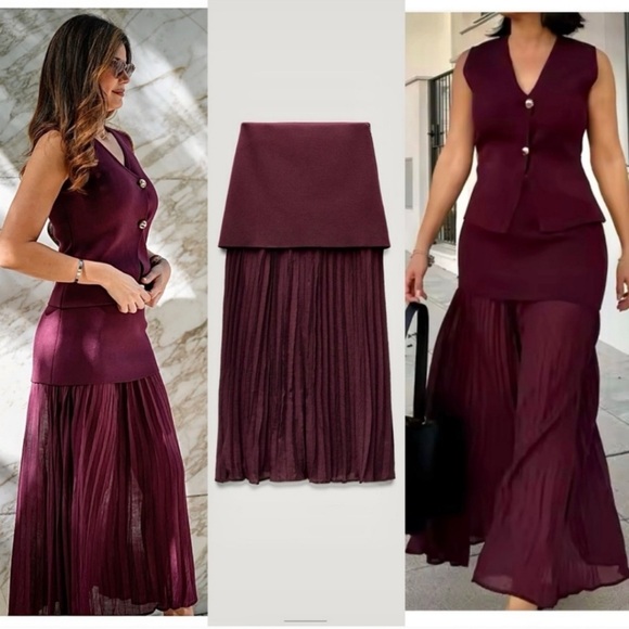 ZARA BURGUNDY MIXED PLEATED KNIT SKIRT
